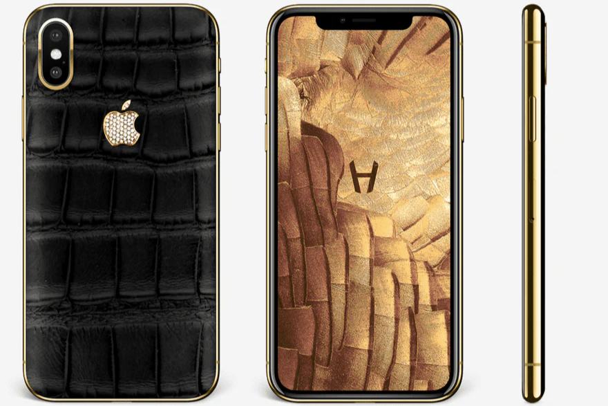 Luxury phone with black crocodile-patterned back and gold front