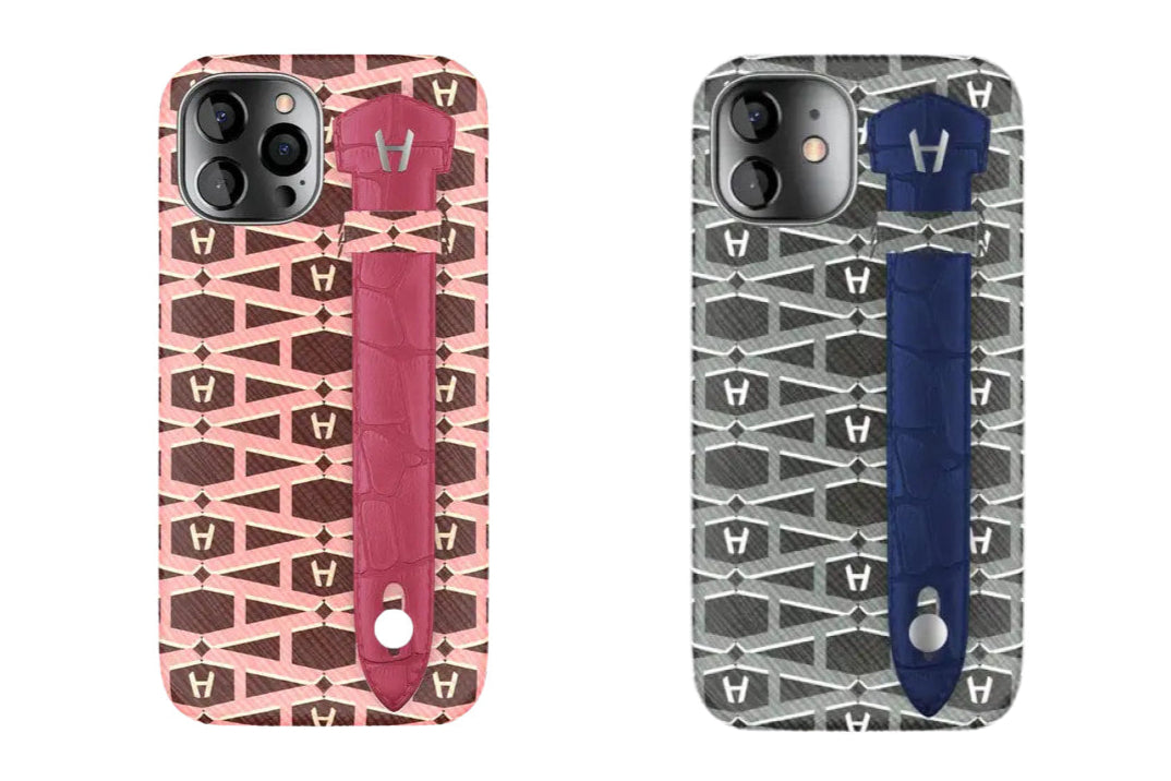 Two Hadoro phone cases with patterned designs and straps on a white background
